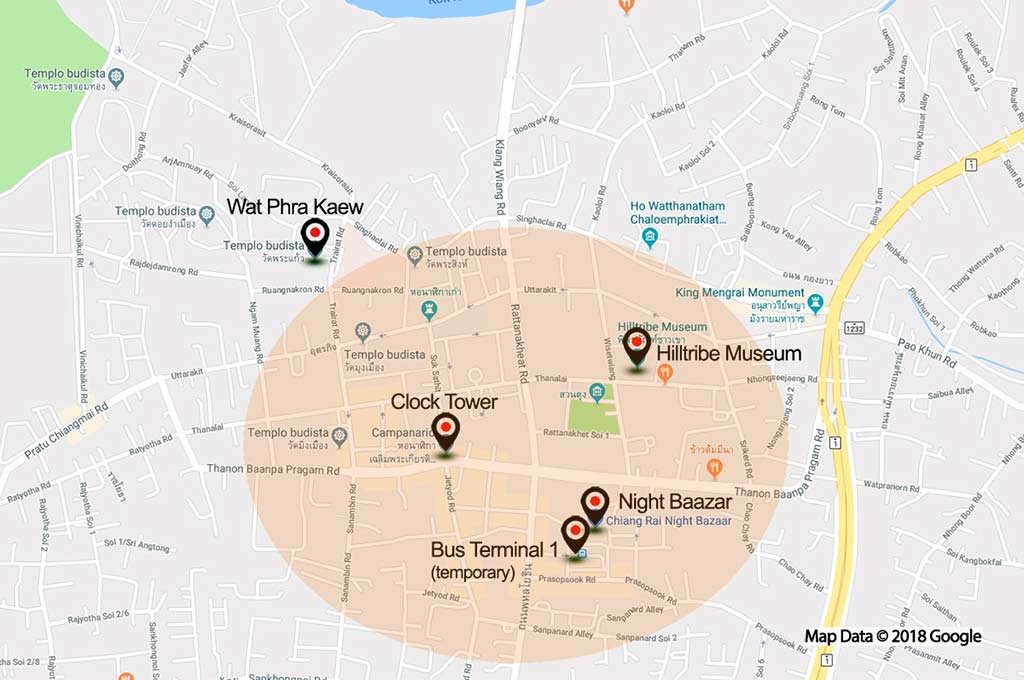 Accomodations-3 Map of Chiang Rai with the suggested area for accommodation.