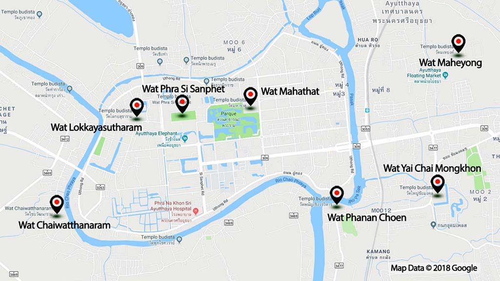 Map of Ayutthaya Historical Park.