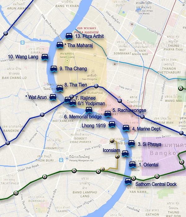 Río Chao Phraya con los muelles más interesantes en Bangkok