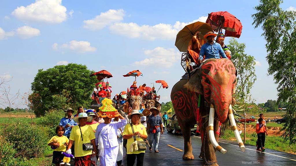Buddhist novices parading on elephants, Surin.