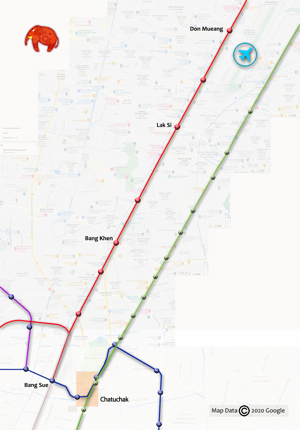 Plano de la línea RED LINE para enlazar con el Aeropuerto Don Mueang