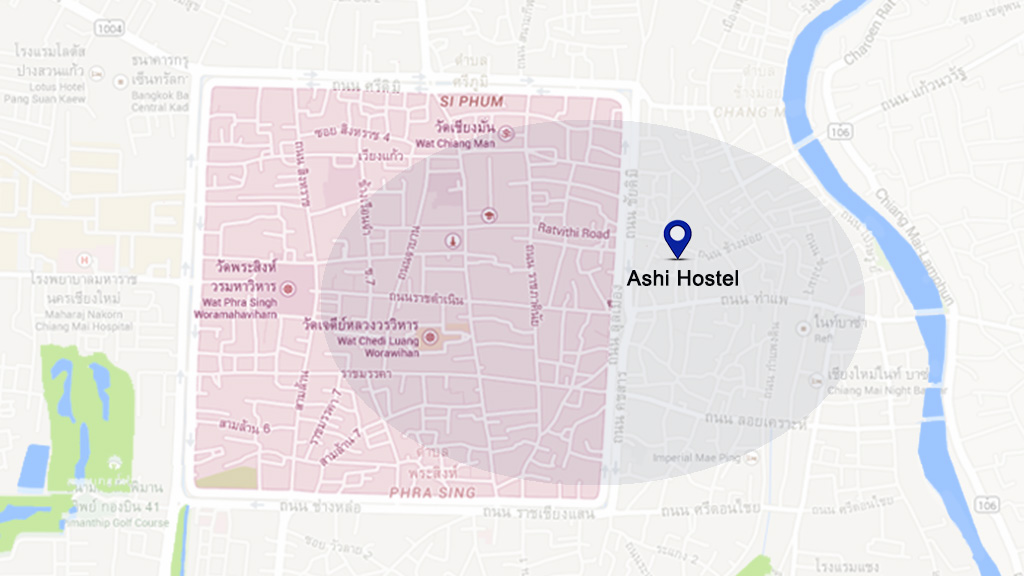 Plano de ubicación del Ashi Hostel en Chiang Mai